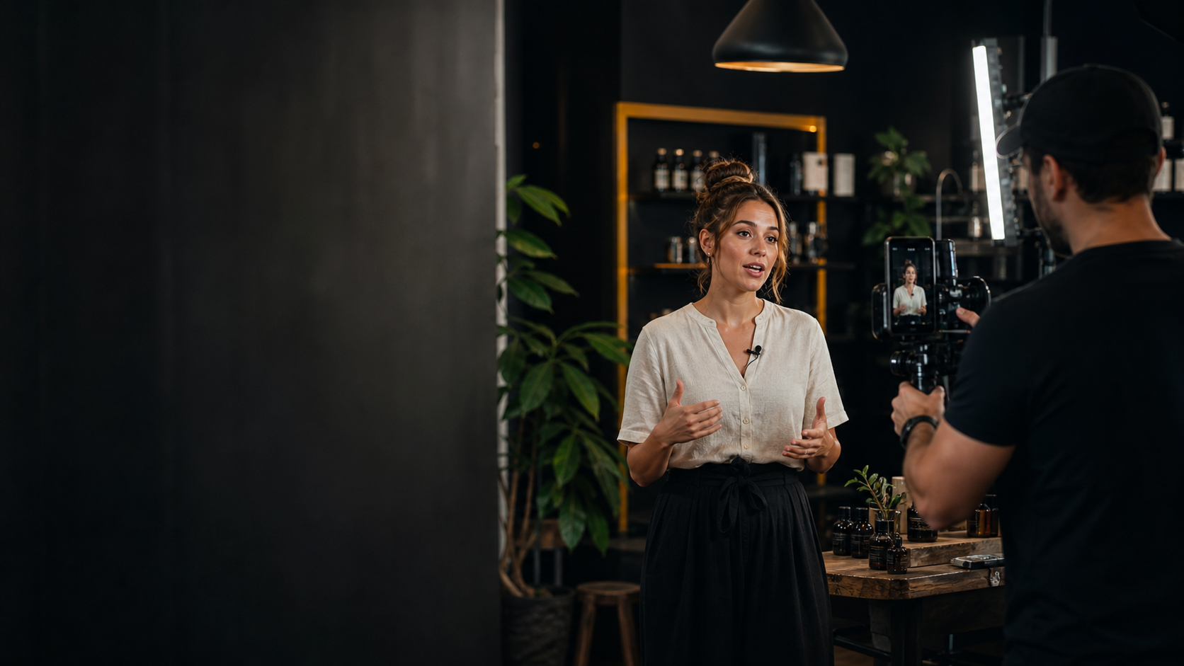 A videographer filming short-form content for a business owner